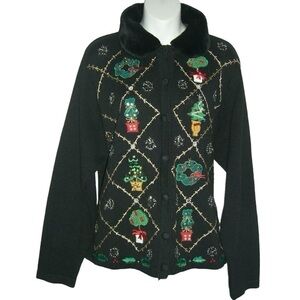 Vintage 90's OHI Ugly Christmas Sweater Cardigan Removable Collar Beaded Sequin